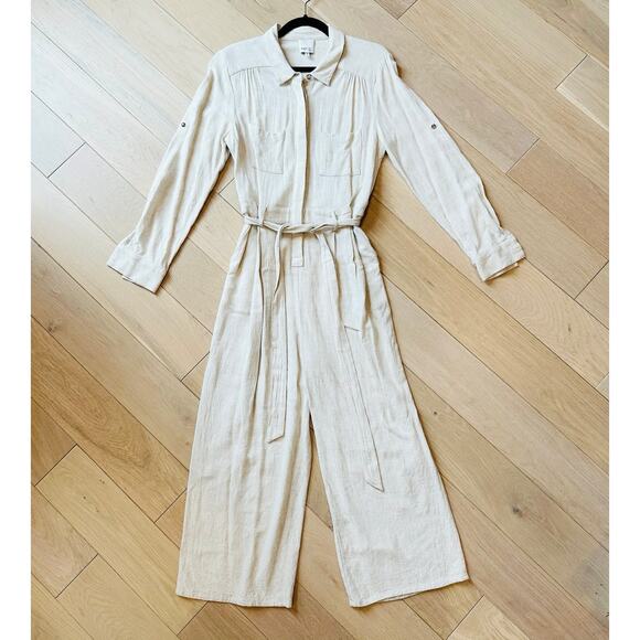 MINKPINK Revolve Linen Boilersuit Sand Wide Leg Utility Romper Jumpsuit Womens M - Picture 2 of 7